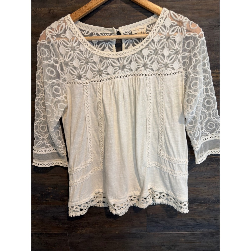 Meadow Rue Anthropologie White Lace Crochet Boho Cotton Blouse Top Small Petite